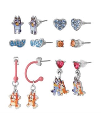 Earrings Set 6 Pairs Official License, Fashion Studs, Hoops, and Bluey and Bingo Dangle Charm Earrings with Crystals