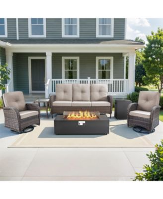 6-Piece Patio Furniture Set with Fire Pit Kit,Wicker Outdoor Swivel Rocker Chairs Patio Sofa for Backyard,Poolside