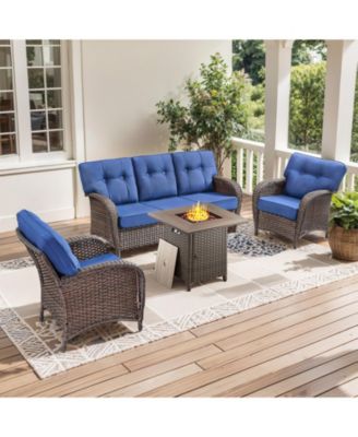 4 Piece Wicker Outdoor Furniture Set with Square Fire Pit Table, Outside Patio Deep Seating Conversation Set with 5-inch Thick Cushion