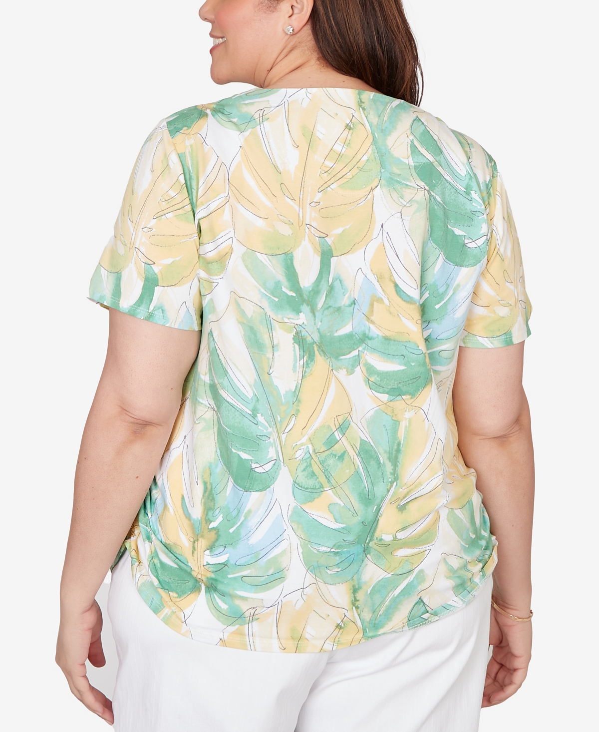 Alfred Dunner Plus Tropical Leaf Beaded Neck Ruched T-Shirt