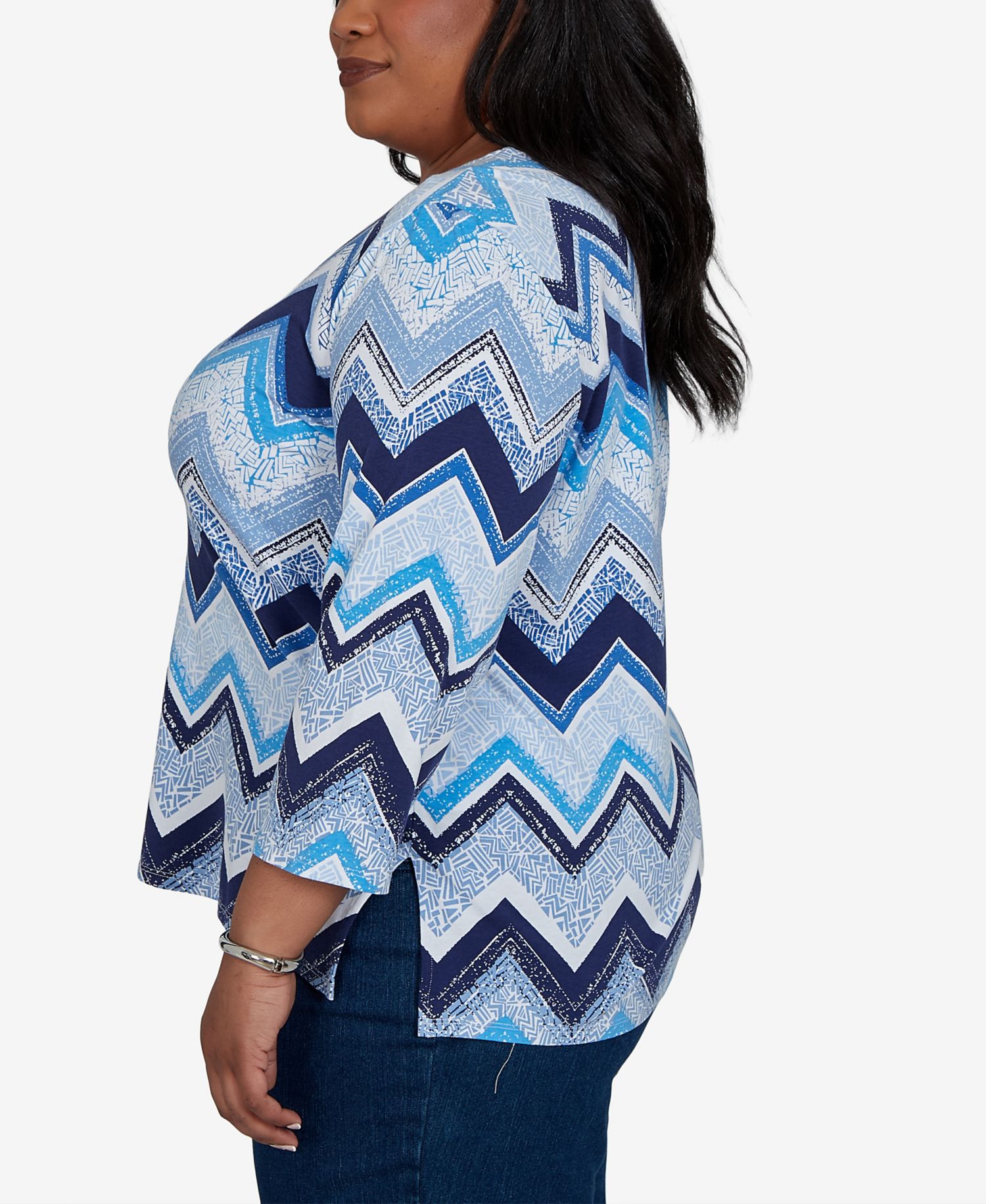 Plus Size Chevron Blues Split Neck Top