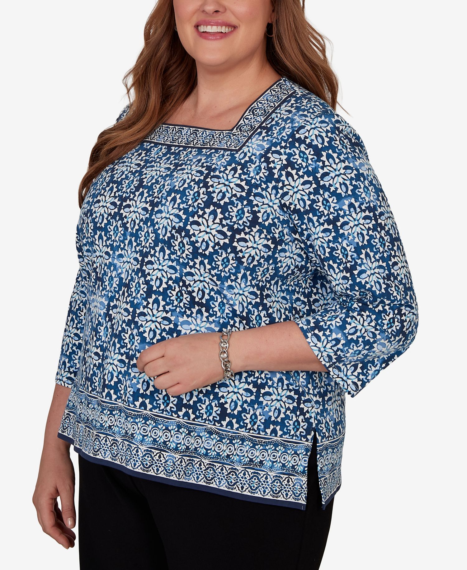 Plus Size Batik Tile Square Neck Top