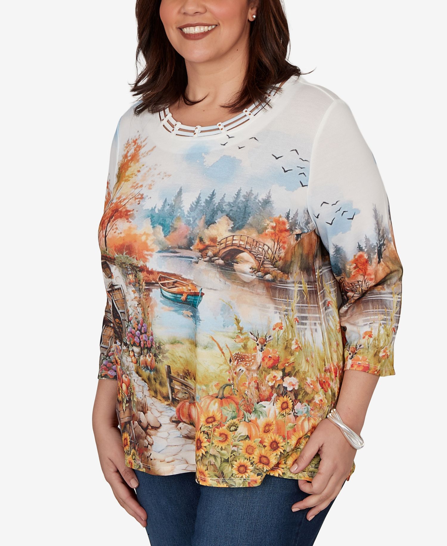 Plus Size Autumn Lake Scenic Print Top