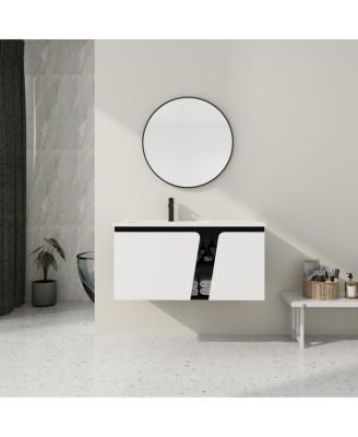 Wall-Mounted Plywood Cabinet with Ceramic Sink and Soft-Close Doors Bathroom Vanity