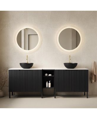 72 Inch Bathroom Vanity with Double Vessel Sinks, Sintered Stone Countertop, Soft Close Doors, Open Shelf Storage