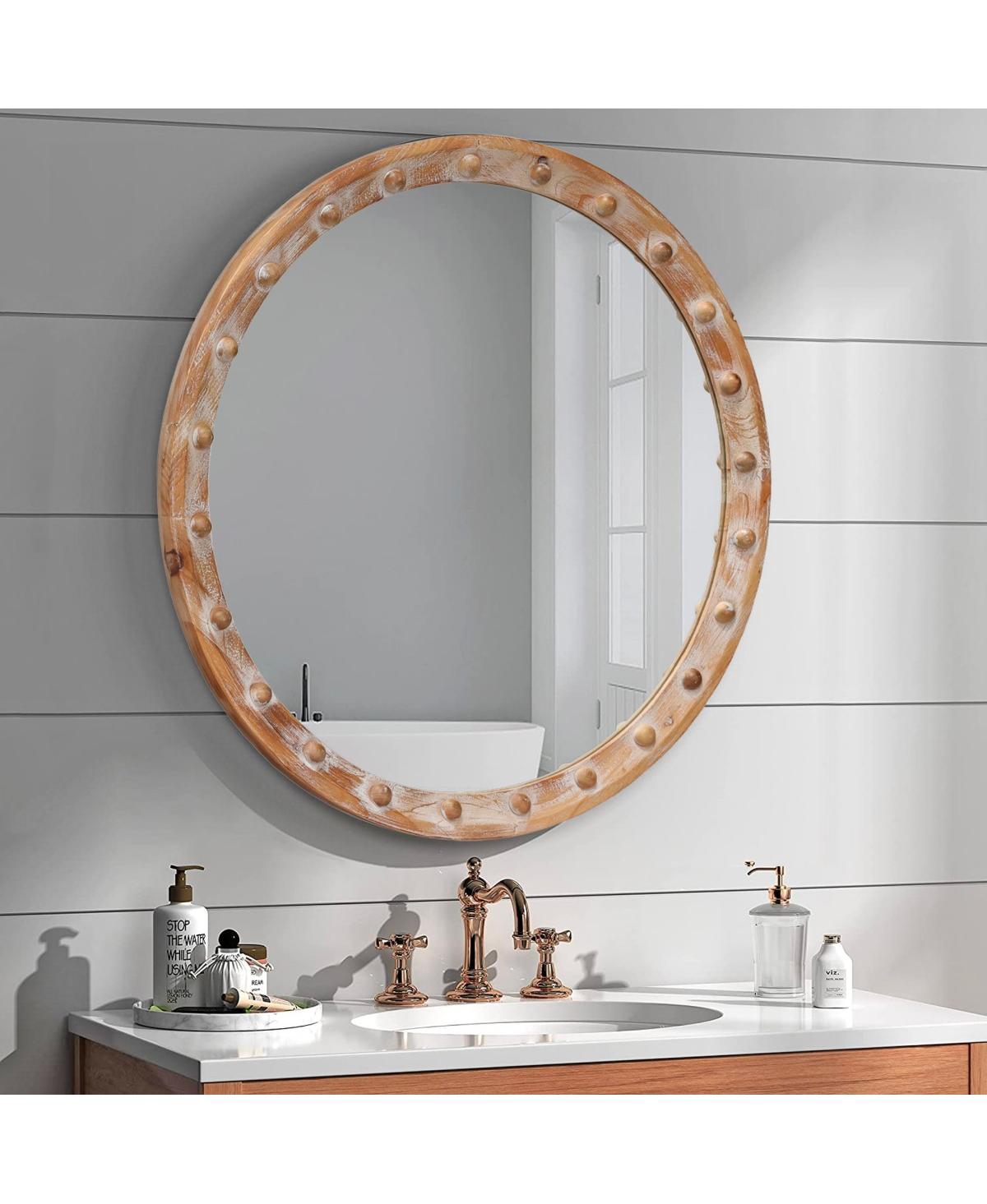 Laoties 23.6" Rustic Round Accent Mirror with Distressed Frame and Rivet Design for Entryway, Living Room Decor