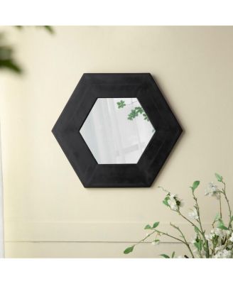 18.5" Hexagon Wall Mirror, Geometric Teak Wood Accent Mirror for Entryway, Bedroom and Gallery Wall