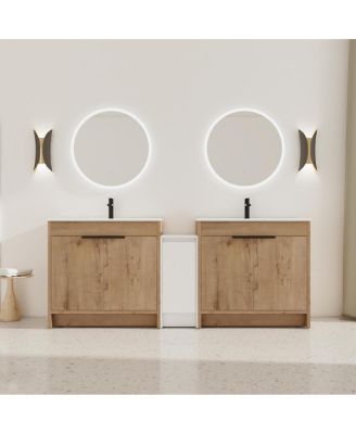 84 Inch Freestanding Double Bathroom Vanity Set with Ceramic Sinks, Plywood Cabinets, Center Storage for Modern Bathrooms