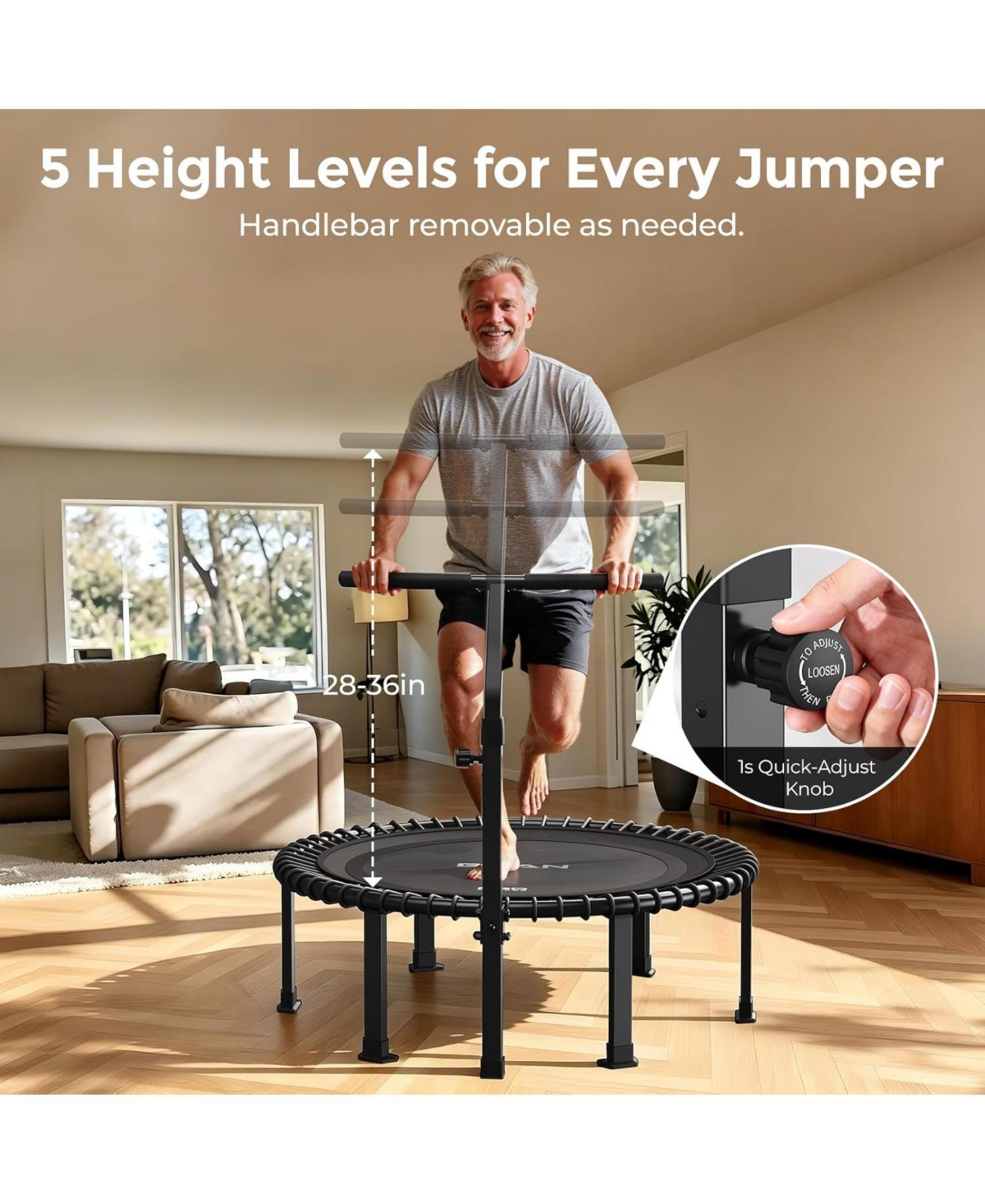Bcan BT4 Soft Land Pro 38 Inch 500LBS Bungee Trampoline, Quiet Indoor Rebounder with Adjustable Tension and Phone Holder