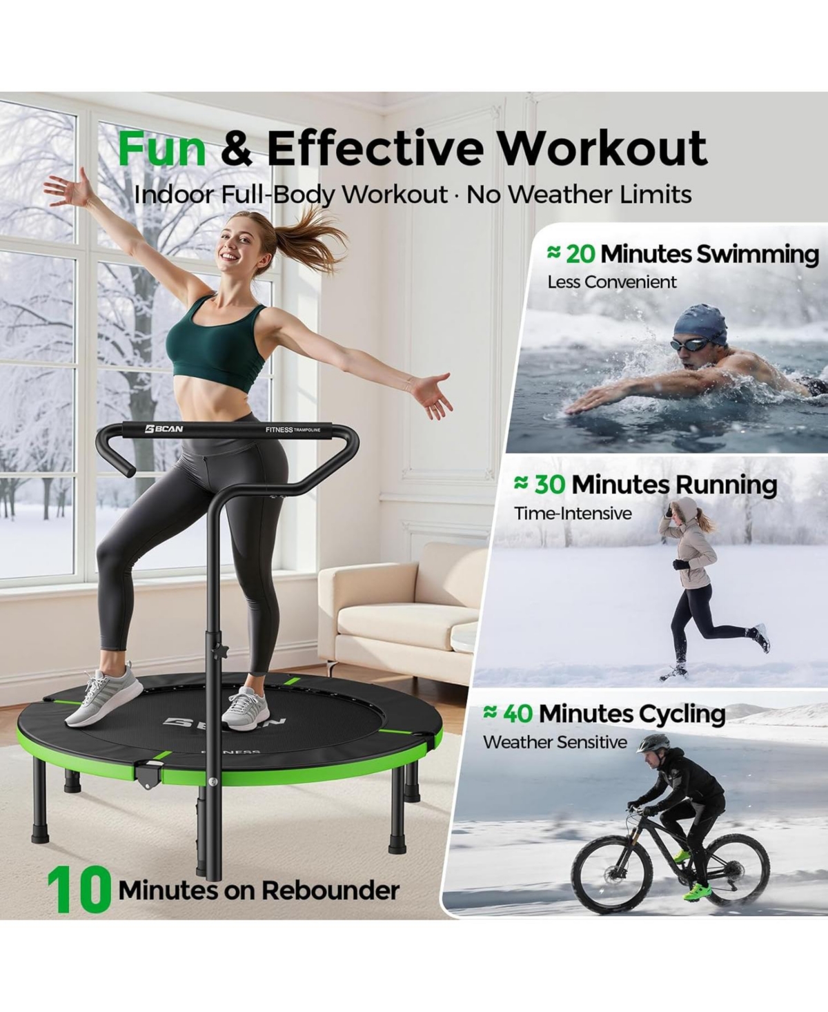 Bcan SP3 Foldable Mini Rebounder Trampoline with Adjustable T Shape Foam Handrail 40 Inch Indoor Garden Workout Trampoline for Adults 330LBS