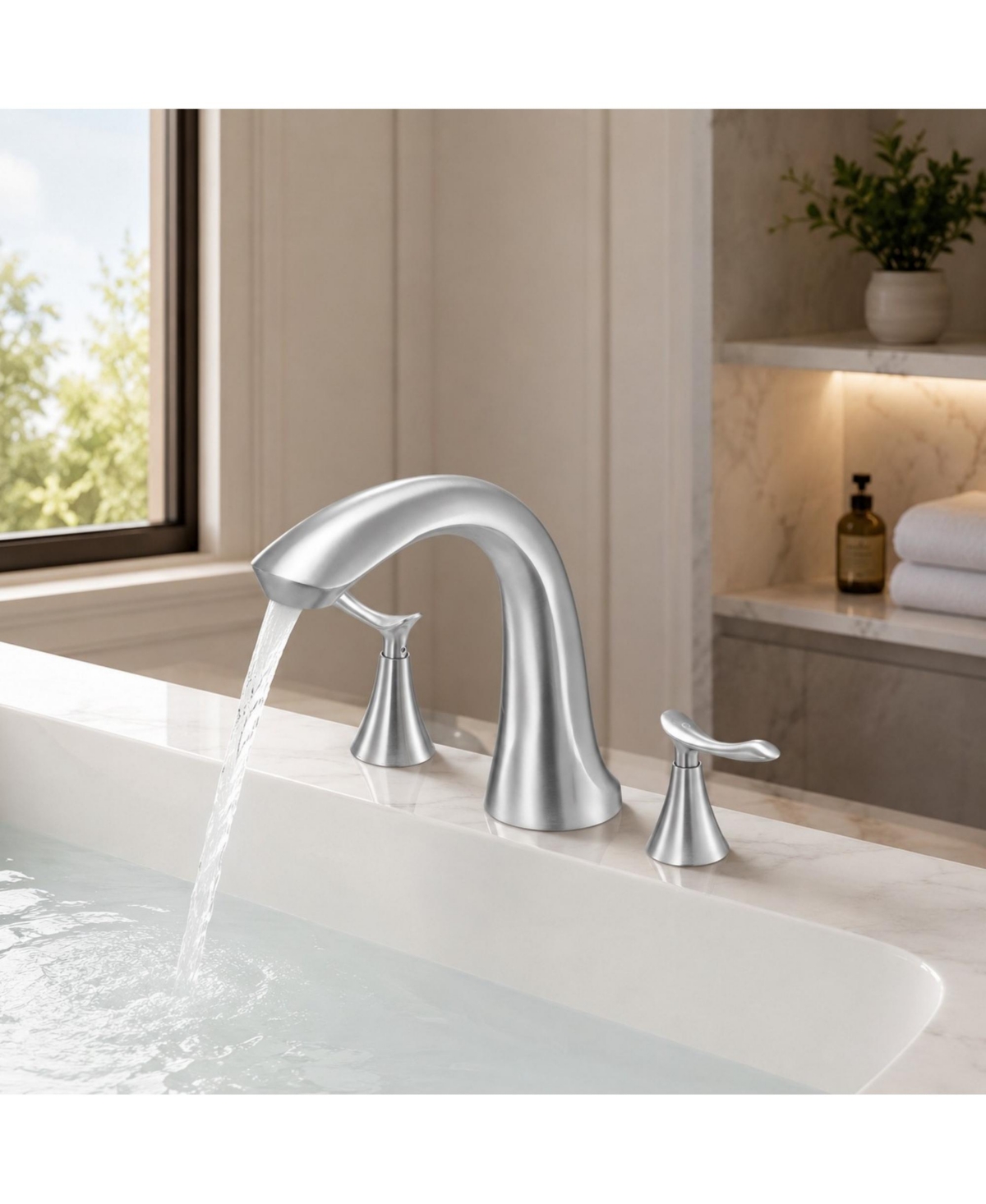 Phying Multipurpose Roman Tub Faucet Set Brushed Stainless Steel 3 Hole Deck Mount Gooseneck Waterfall Faucet