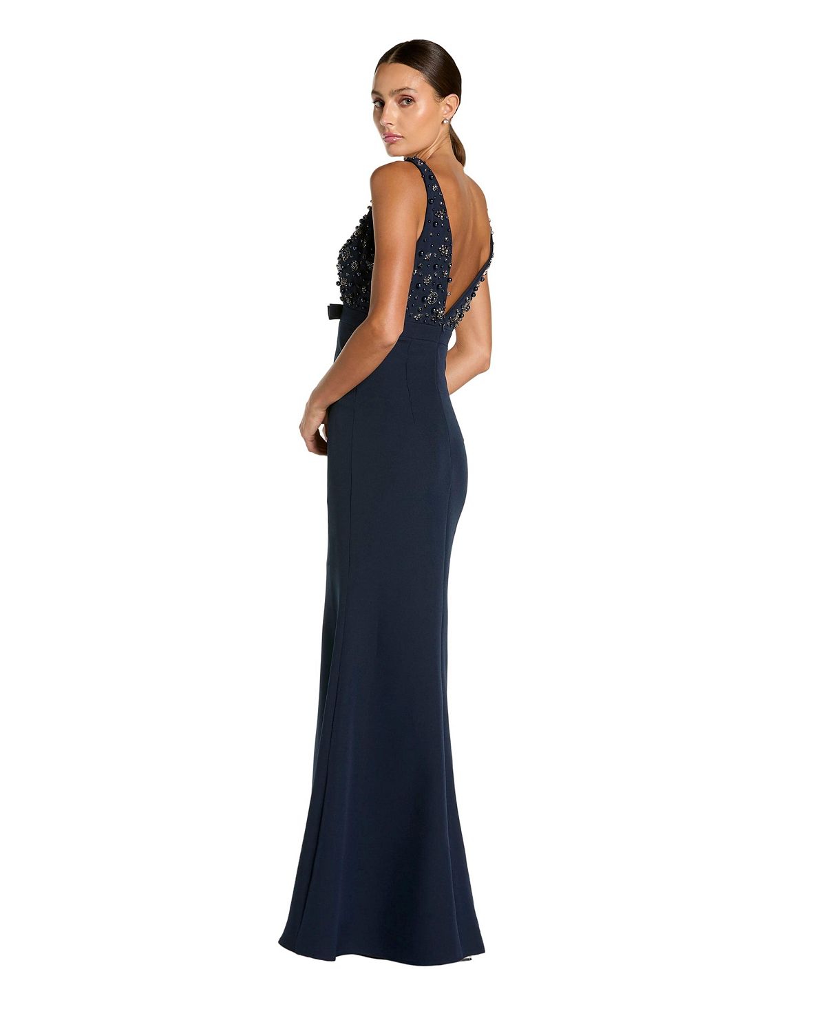 Mac Duggal Women's Crepe Sleeveless Beaded V Neck Gown With Bow view 2 — MAYCSS fashion products