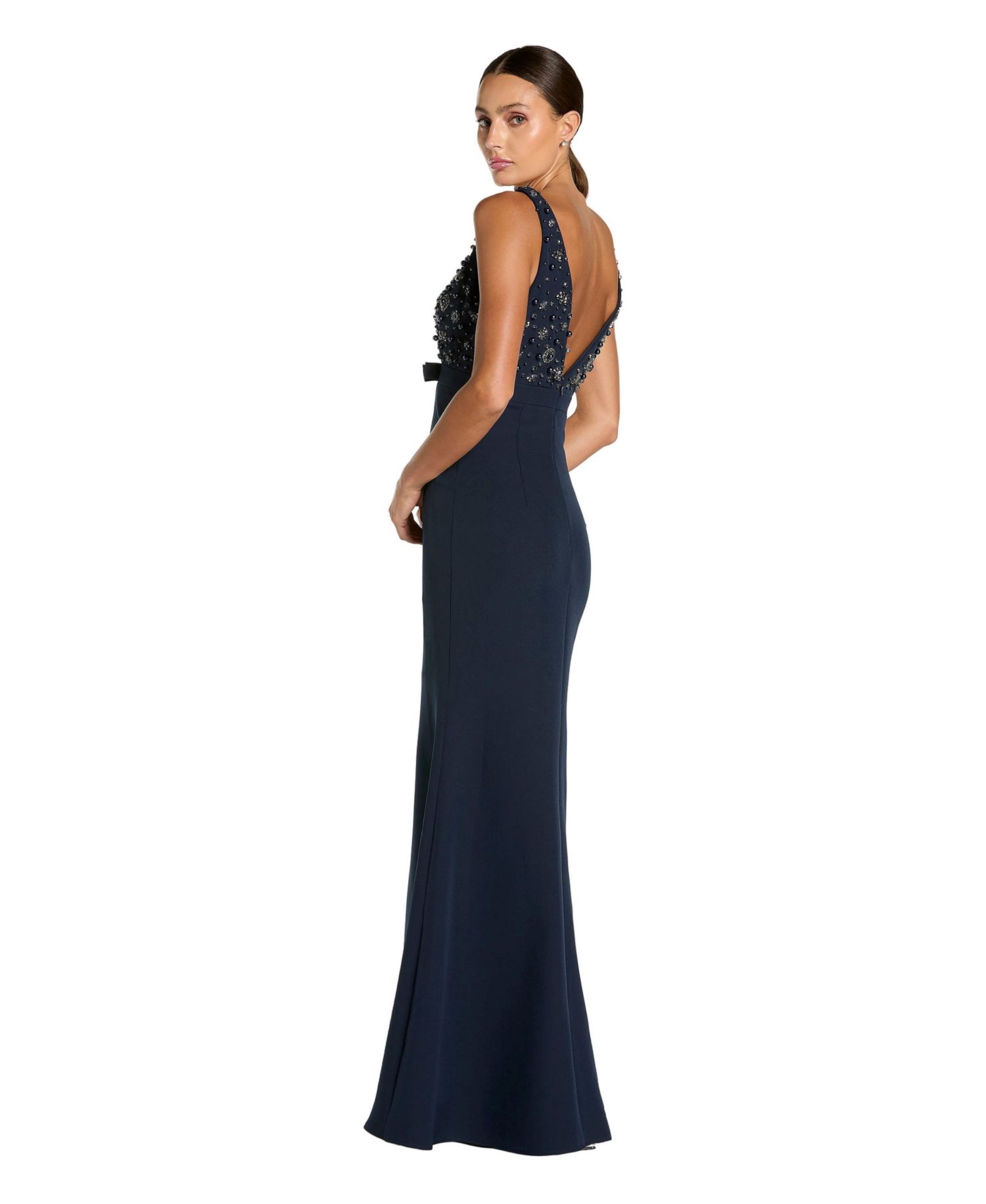 Women's Crepe Sleeveless Beaded V Neck Gown With Bow