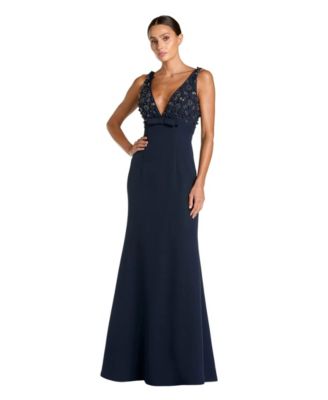 Women's Crepe Sleeveless Beaded V Neck Gown With Bow