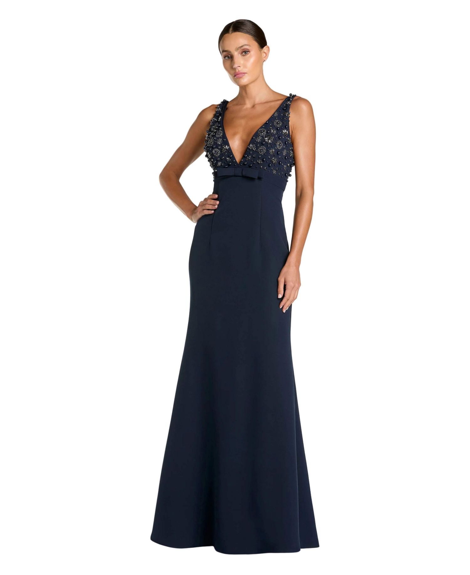 Women's Crepe Sleeveless Beaded V Neck Gown With Bow