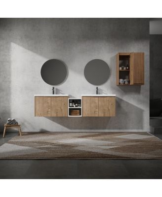 Modern Wall Mounted Double Sink Bathroom Vanity Set, Plywood Cabinet with Resin Basins and Tall Storage Tower