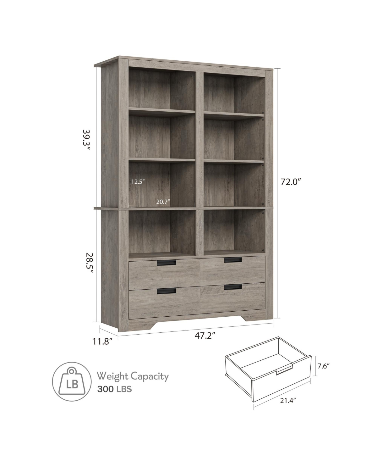 homfan 72 Inch Tall 6-Tier Double Wide Farmhouse Bookshelf with 4 Drawers, Heavy Duty Display Shelf Anti-Tip Kit for Living Room and Home Office