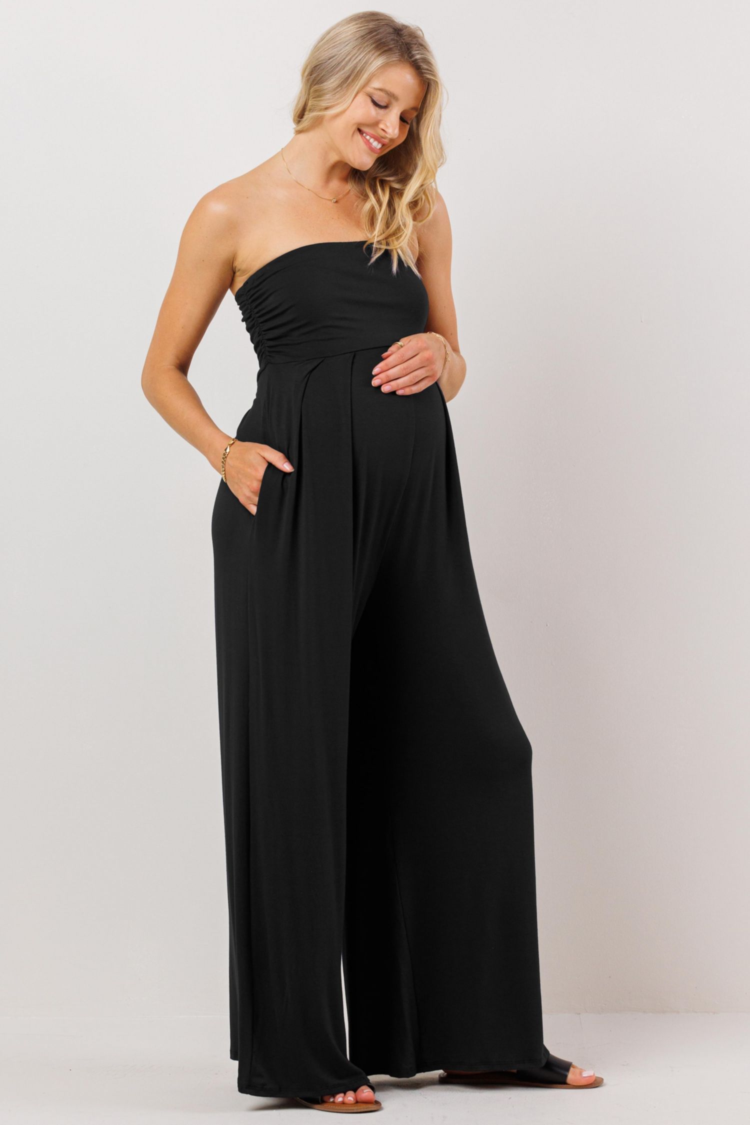 Women's Maternity Strapless Wide Leg Jumpsuit with Pockets