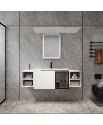 Wall Mounted Bathroom Vanity with Ceramic Sink, Modern Floating Plywood Cabinet, Glass Door Storage for Large Bathrooms