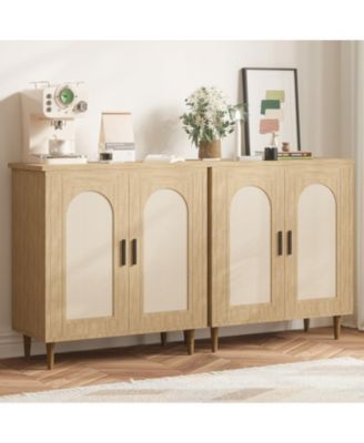 2 Piece Farmhouse Rattan Sideboard Buffet Cabinets, 35.2 Inch Compact Accent Table with Single Door and Adjustable Shelves for Entryway