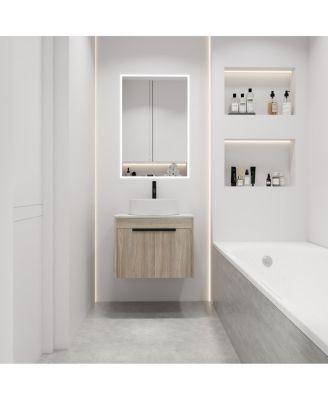 24" Wall Mounted Bathroom Vanity with Ceramic Vessel Sink, White Stone Top, Soft Close Doors, Modern Handle Design