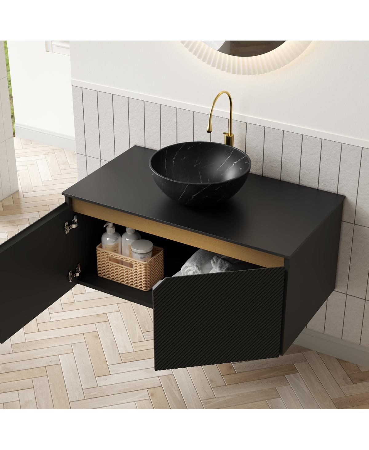 Sillysis 24" Wall Mounted Bathroom Vanity with Ceramic Vessel Sink, Sintered Stone Top, Soft Close Door