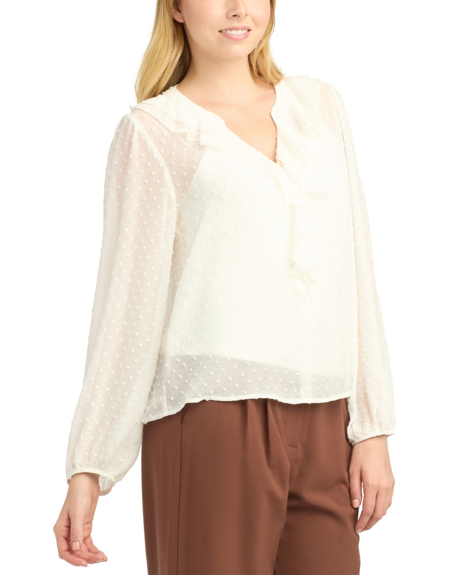 Juniors' Split V-Neck Ruffle Long-Sleeve Blouse