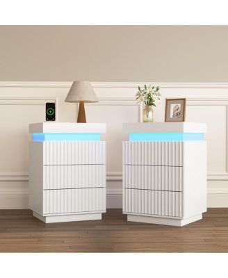 (Set of 2) End Table with USB C Charging 2 Drawers and LED Lights