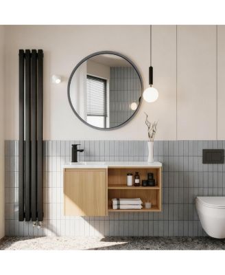 35.5 Inch Corner Floating Bathroom Vanity with Integrated Resin Sink, Plywood Cabinet, Open Storage for Small Bathrooms