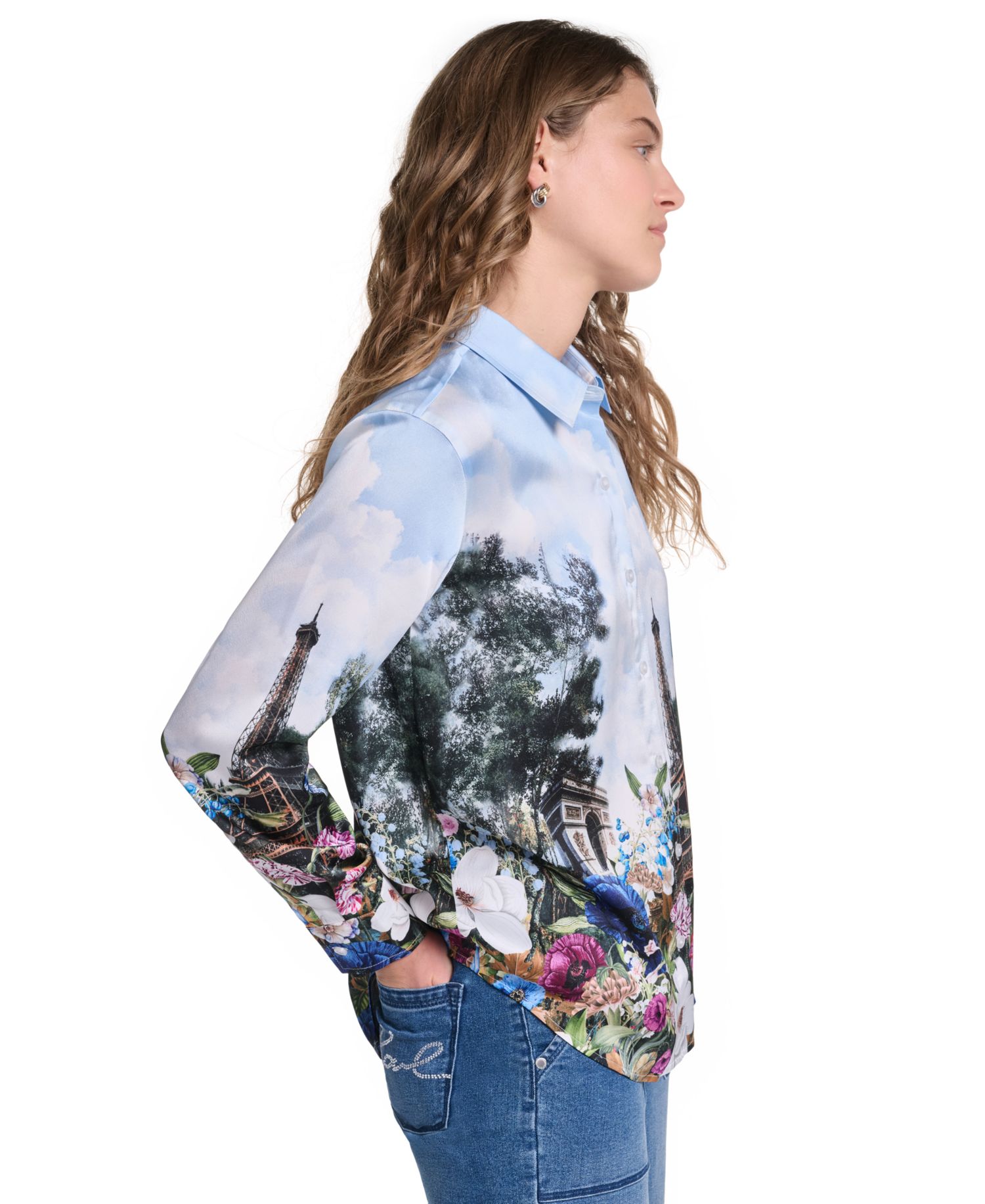 Petite Printed Collared Neck Blouse