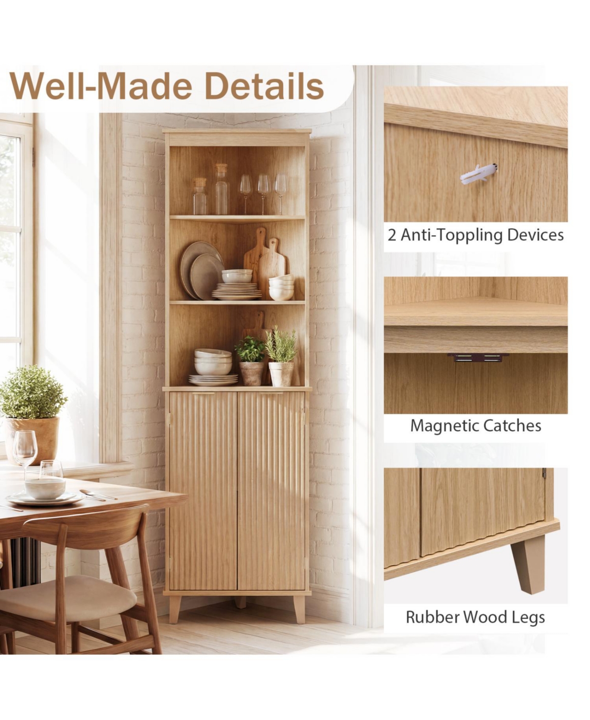 Volenca 68-in Tall Corner Bathroom Cabinet with Fluted Doors, 55-lb per Shelf