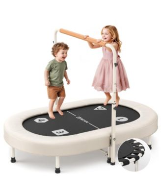 56 Inch 2 Person Kids Trampoline Foldable Elastic Band Trampoline with Adjustable Handlebar Thickened Cover ASTM Certified for 1-8 Years Old Max