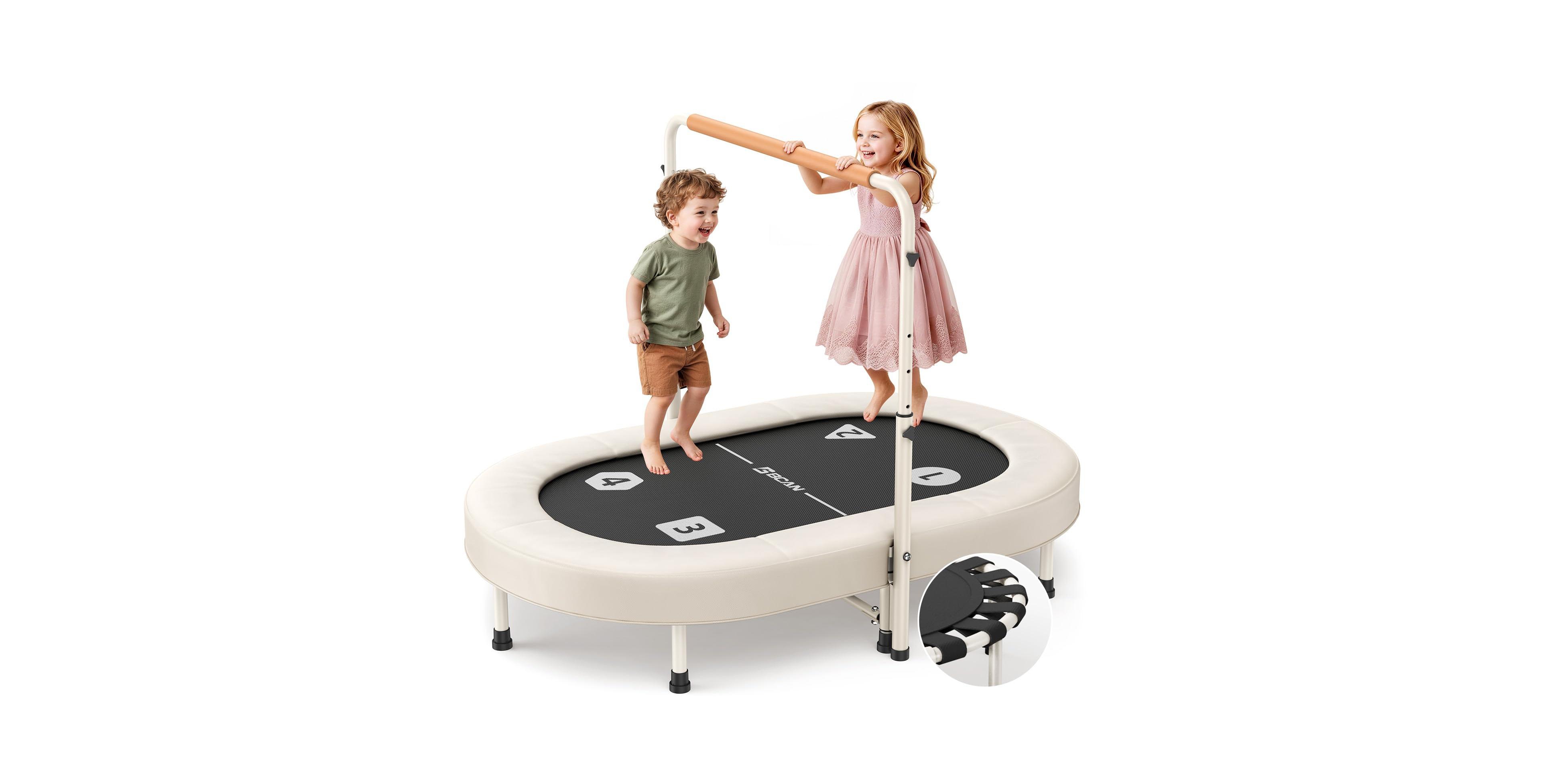 Bcan 56 Inch 2 Person Kids Trampoline Foldable Elastic Band Trampoline with Adjustable Handlebar Thickened Cover Astm Certified for 1-8 Years Old Max