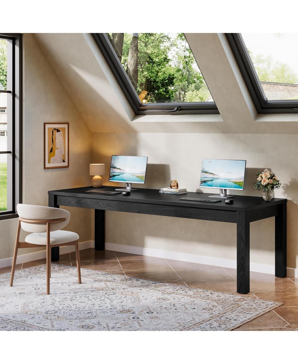 Tribesigns Solid Wood Extra Long Desk 2-Person Desk, 78.7 Inches Double Computer Table, Farmhouse Work Writing Study Workstation