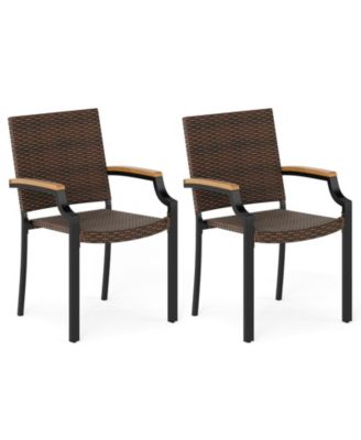 Set of 2 Stacking Wicker Patio Dining Chairs with Acacia Armrests