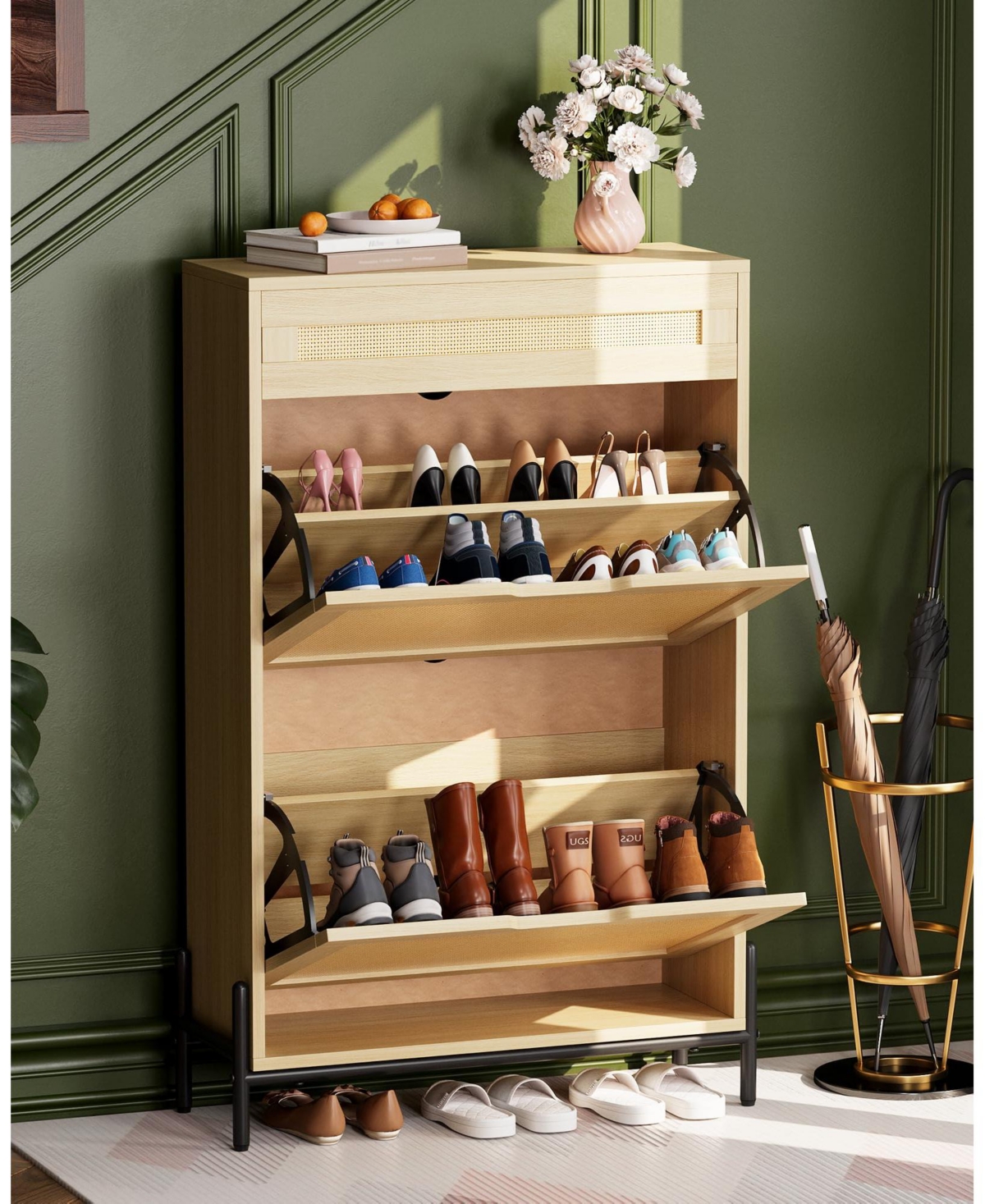 Homfan Wood Rattan Shoe Cabinet with Flip Drawers and Top Drawer, Adjustable Shelves, Slim Entryway Storage for Hallway