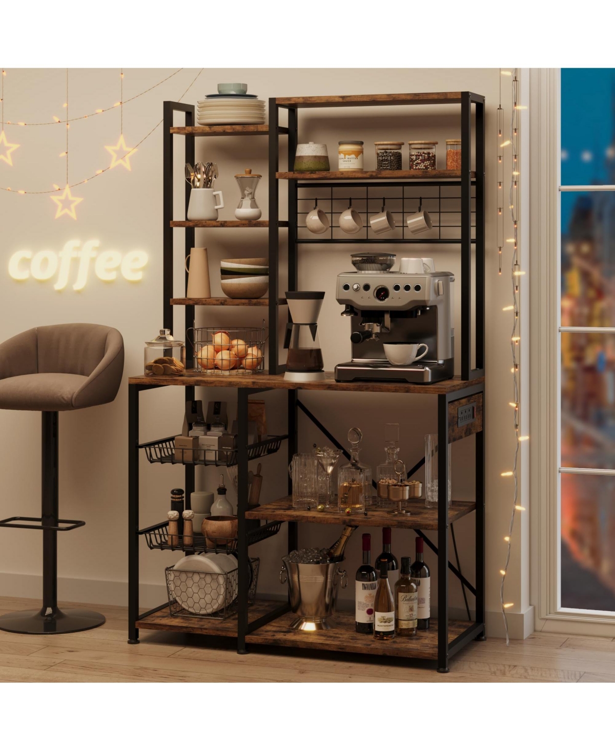 Gaomon 70.1 Inch 7-Tier Industrial Baker's Rack with Power Outlet, Microwave Coffee Bar Station Wire Baskets for Kitchen and Living Room