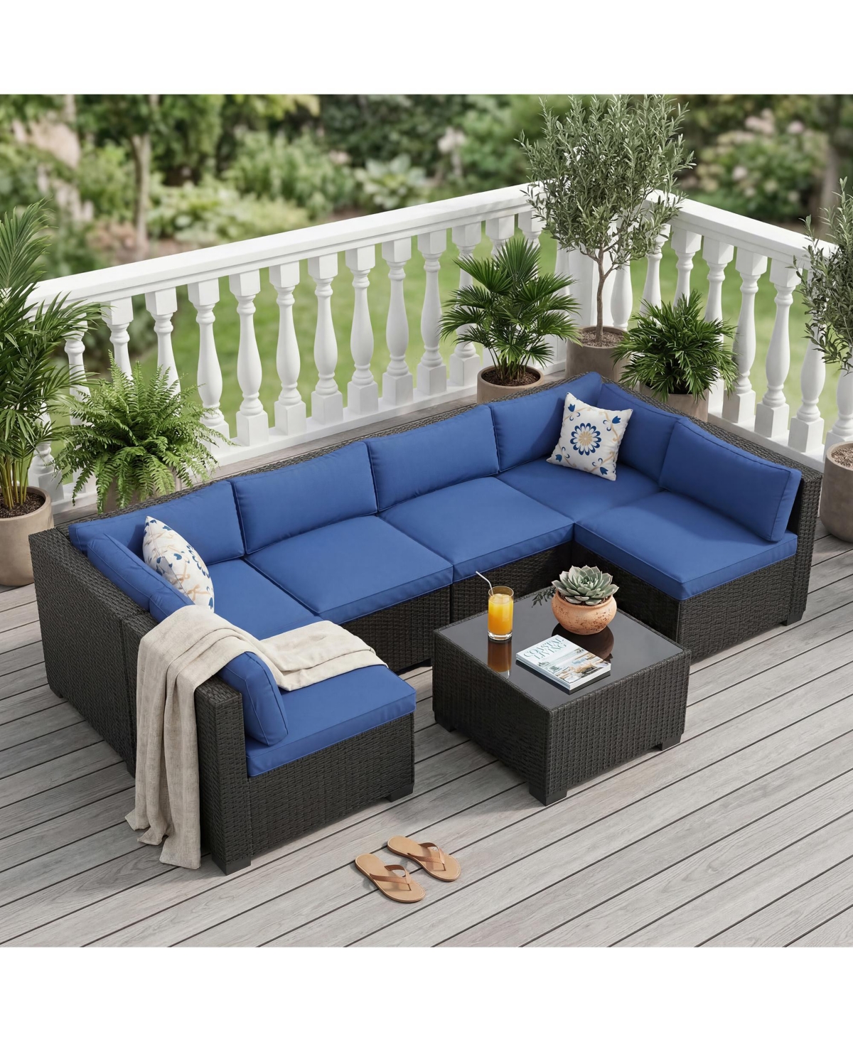 homfan 7-Piece Outdoor Sectional Set with Pe Rattan Wicker, Thick Cushions and Tempered Glass Coffee Table, Modular Patio Seating