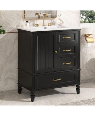 30"Retro Freestanding Vanity With Ceramic Sink, Acacia Wood and MDF Frame, 1 Door 3 Drawers Soft-Close