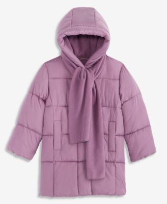 Girls' XS-XL Box Quilt Hooded Stadium Jacket With Scarf