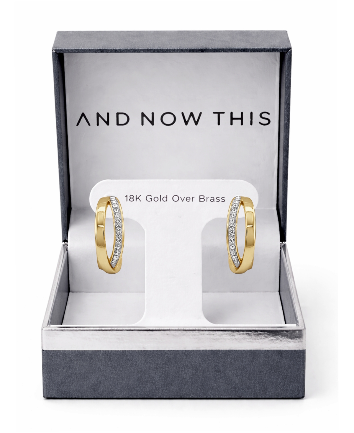 Essentials High Polished Clear Crystal Cross Over C Hoop Earring, Gold Plate and Silver Plate