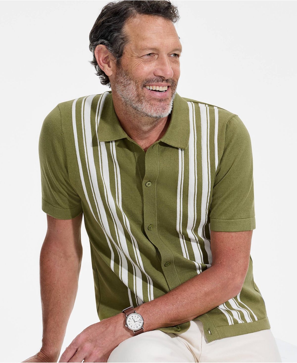Lands' End Men's Short Sleeve Striped Button Through Sweater Polo