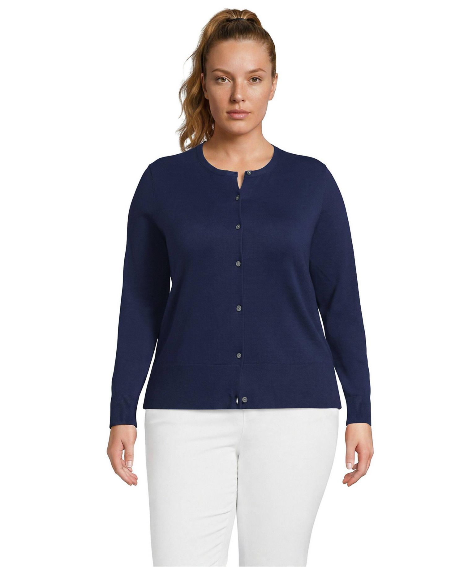 Plus Size Fine Gauge Cotton Crew Cardigan Sweater