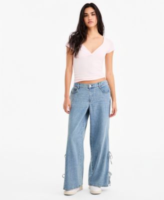 Juniors' Wide-Leg Elastic Back Side Tie Jeans