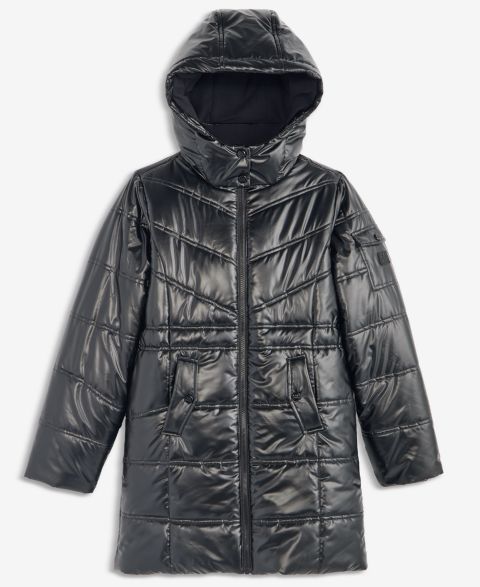 Куртка Steve Madden Liquid Long Hooded Puffer для девочек, цвет: Чёрный