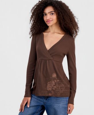 Juniors' Printed Long-Sleeve Babydoll Top