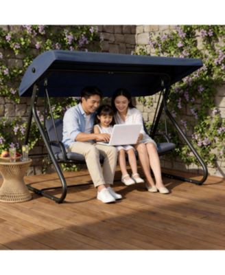 3-Seat Outdoor Convertible Swing Glider with Adjustable Canopy, 2-in-1 Bench to Flat Bed, Removable Cushions, Heavy-Duty Metal Frame