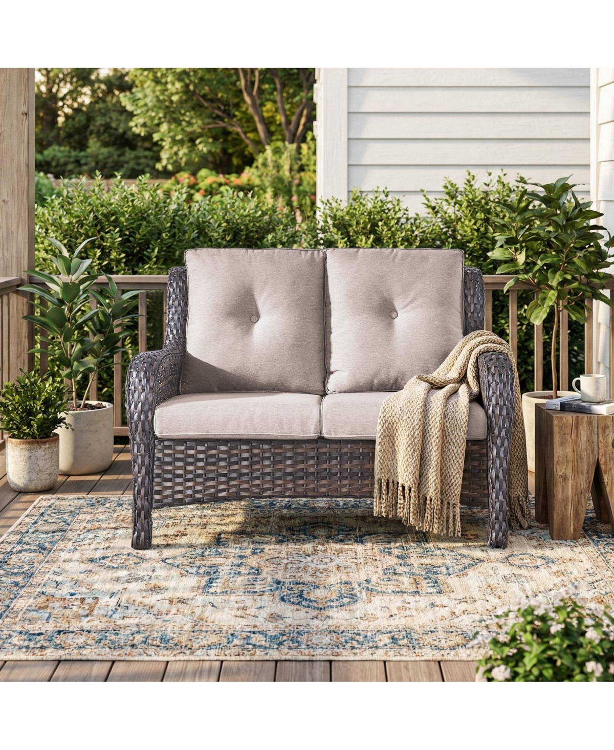 Pocassy Outdoor Wicker 2 Seater Sofa, All-Weather Patio Rattan Loveseat with Seat and Back Cushion, Ideal for Porch, Backyard, Balcony
