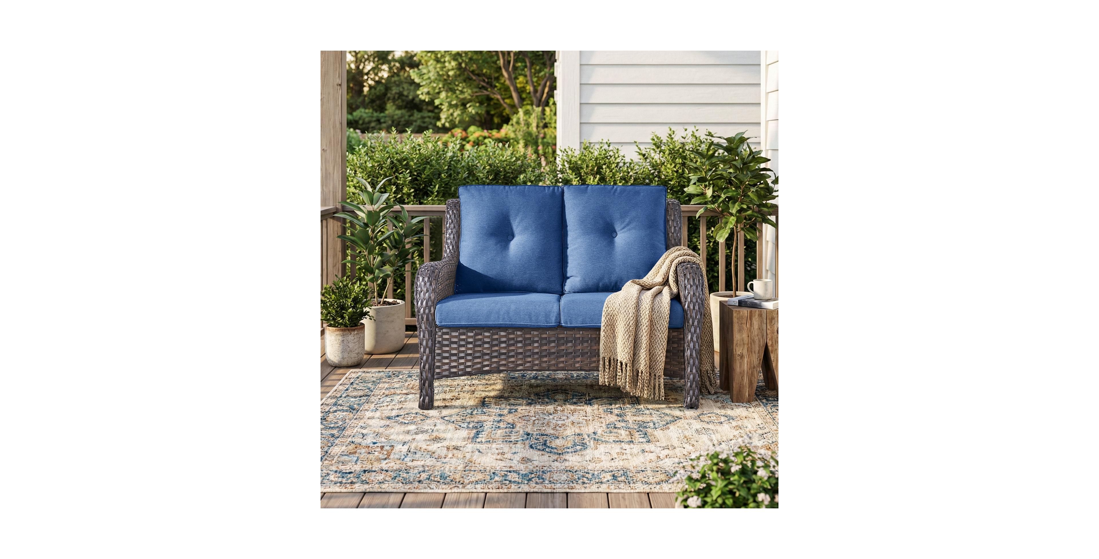 Pocassy Outdoor Wicker 2 Seater Sofa, All-Weather Patio Rattan Loveseat with Seat and Back Cushion, Ideal for Porch, Backyard, Balcony
