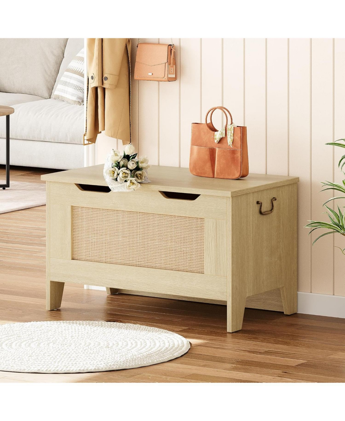 homfan 30" Storage Chest with Safety Hinge, Flip-Top Blanket Storage Bench, Light Oak, for Entryway or Living Room